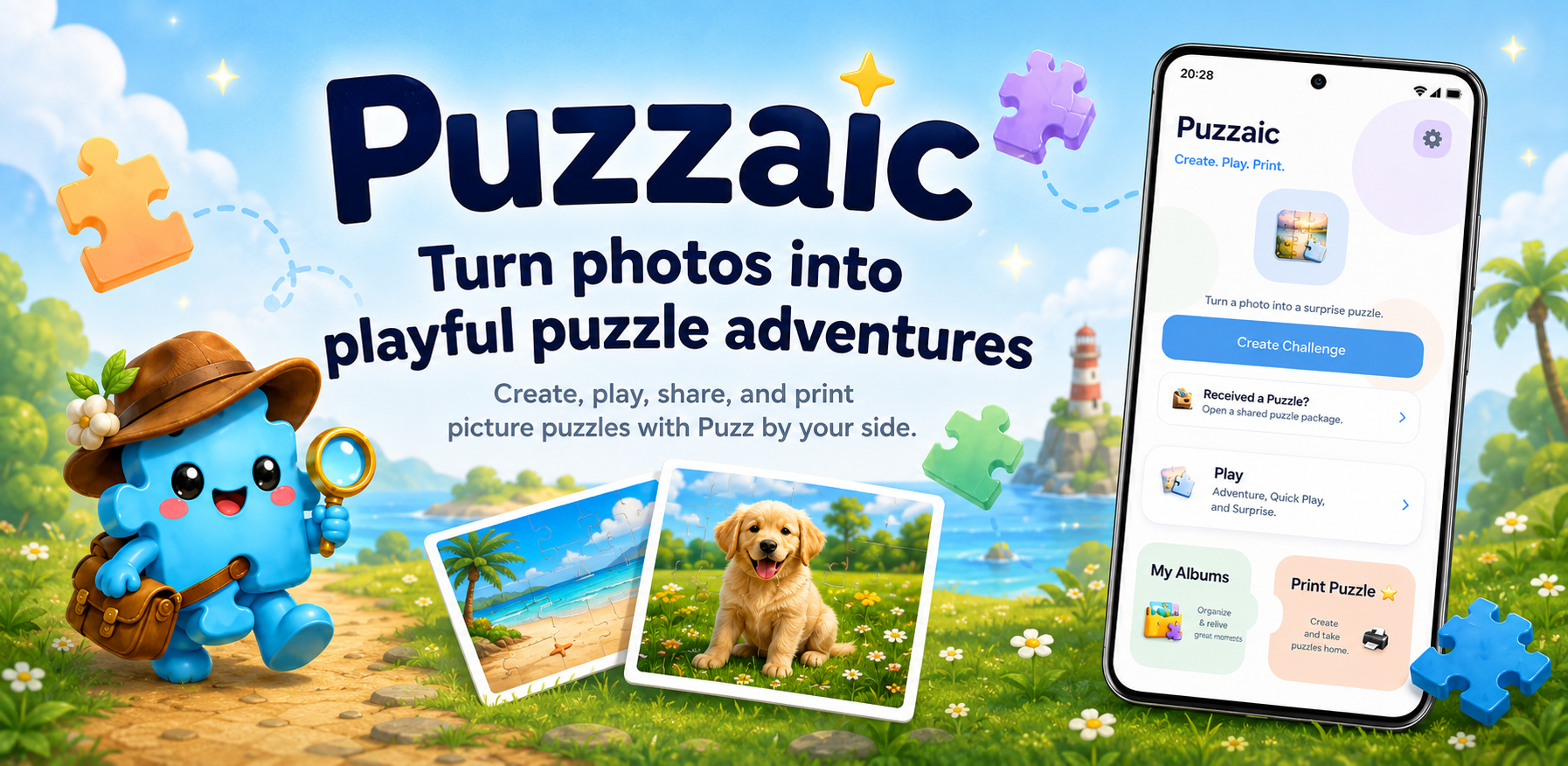 Puzzaic feature artwork showing Puzz, photo puzzles, and the app home screen
